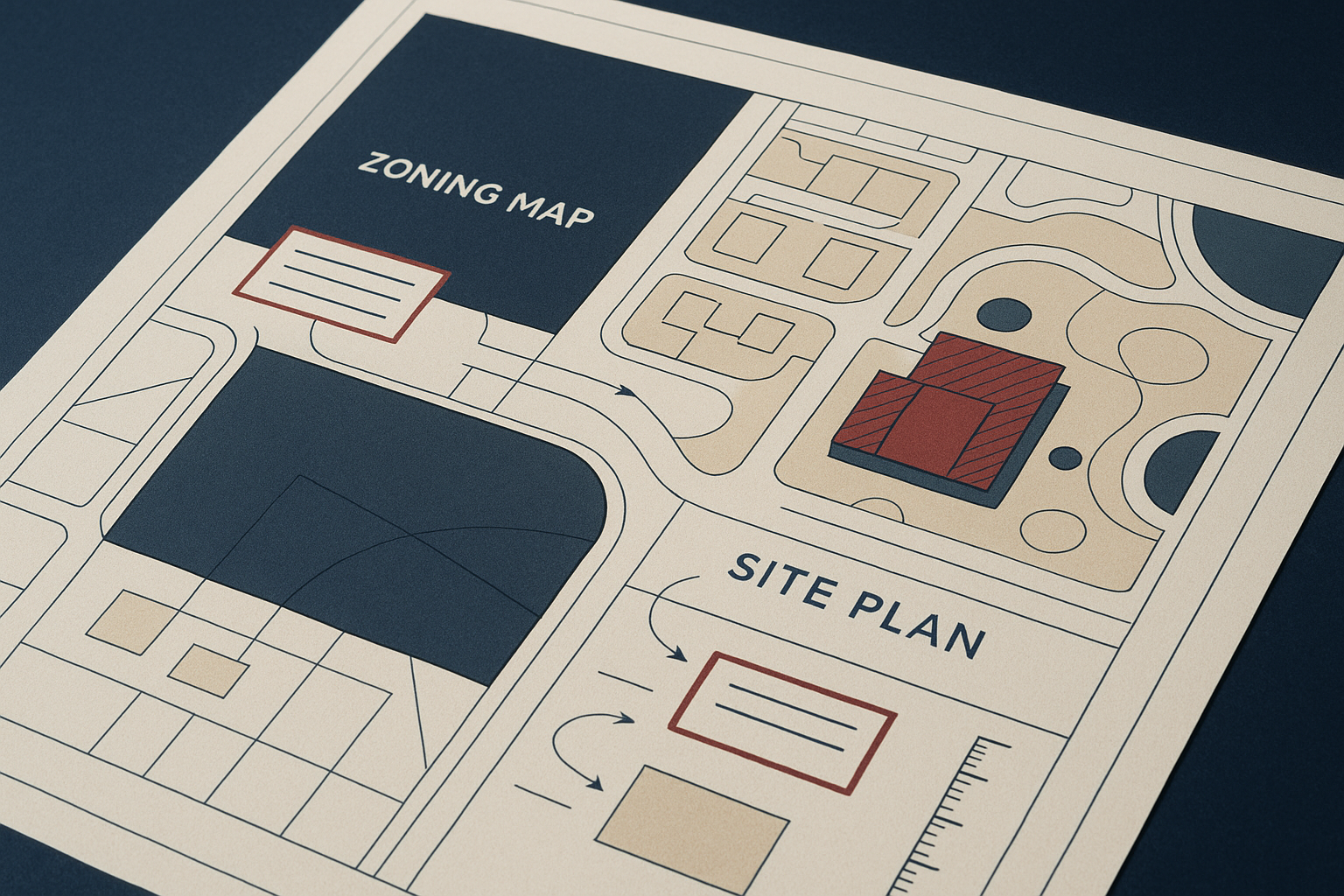 Zoning map and site plan reviewed with counsel for a variance hearing