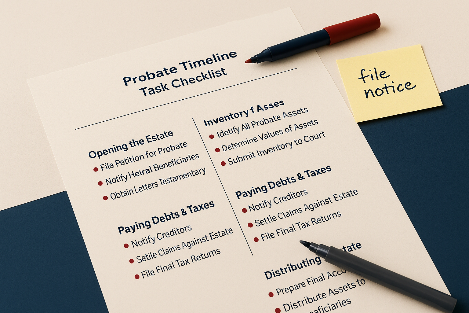 Executor and attorney reviewing a probate timeline and task checklist
