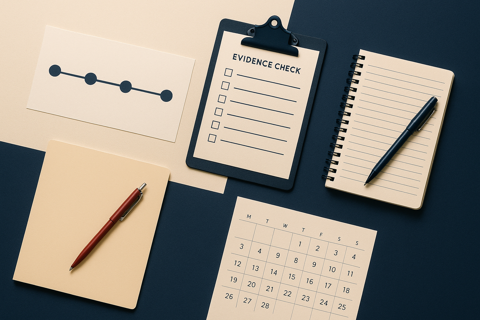 Attorney reviewing a timeline and evidence checklist with a family in a private conference room