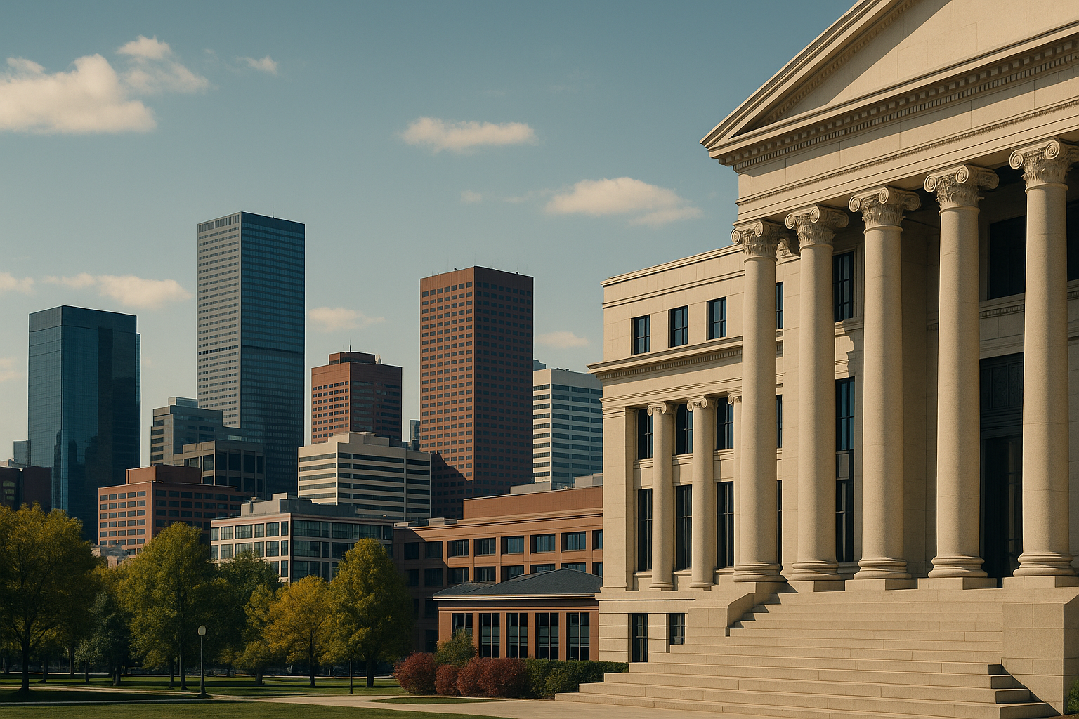 Colorado client consulting with attorney; Denver skyline and courthouse context