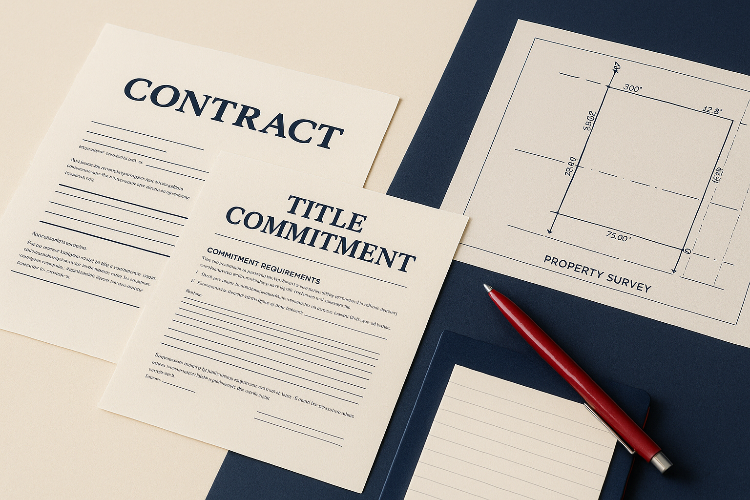 Attorney reviewing a purchase contract, title commitment, and survey with clients before closing