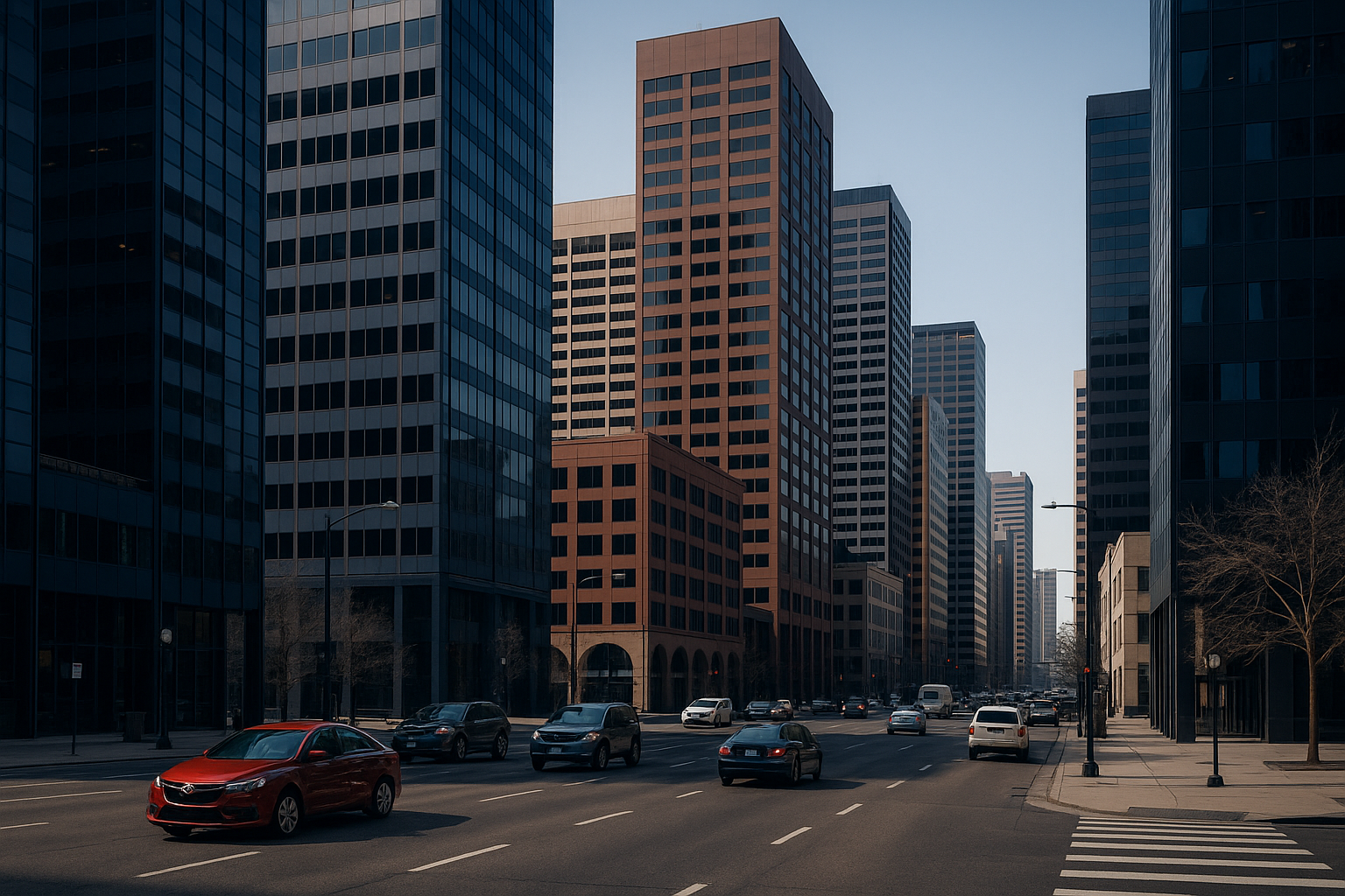 Downtown Denver street with traffic and pedestrians