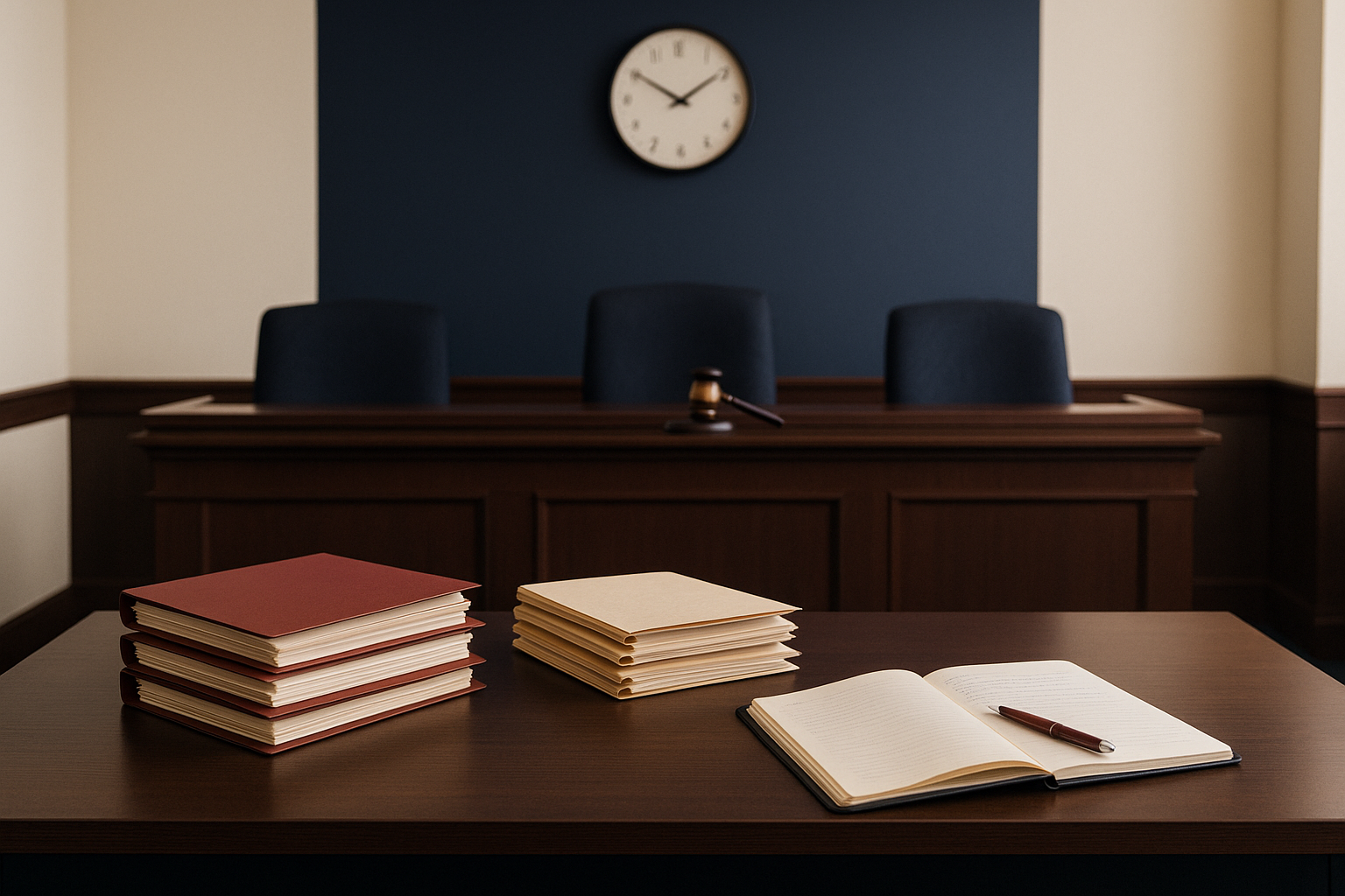 Arbitration hearing room with documents, a neutral's notes, and a clock indicating timely resolution