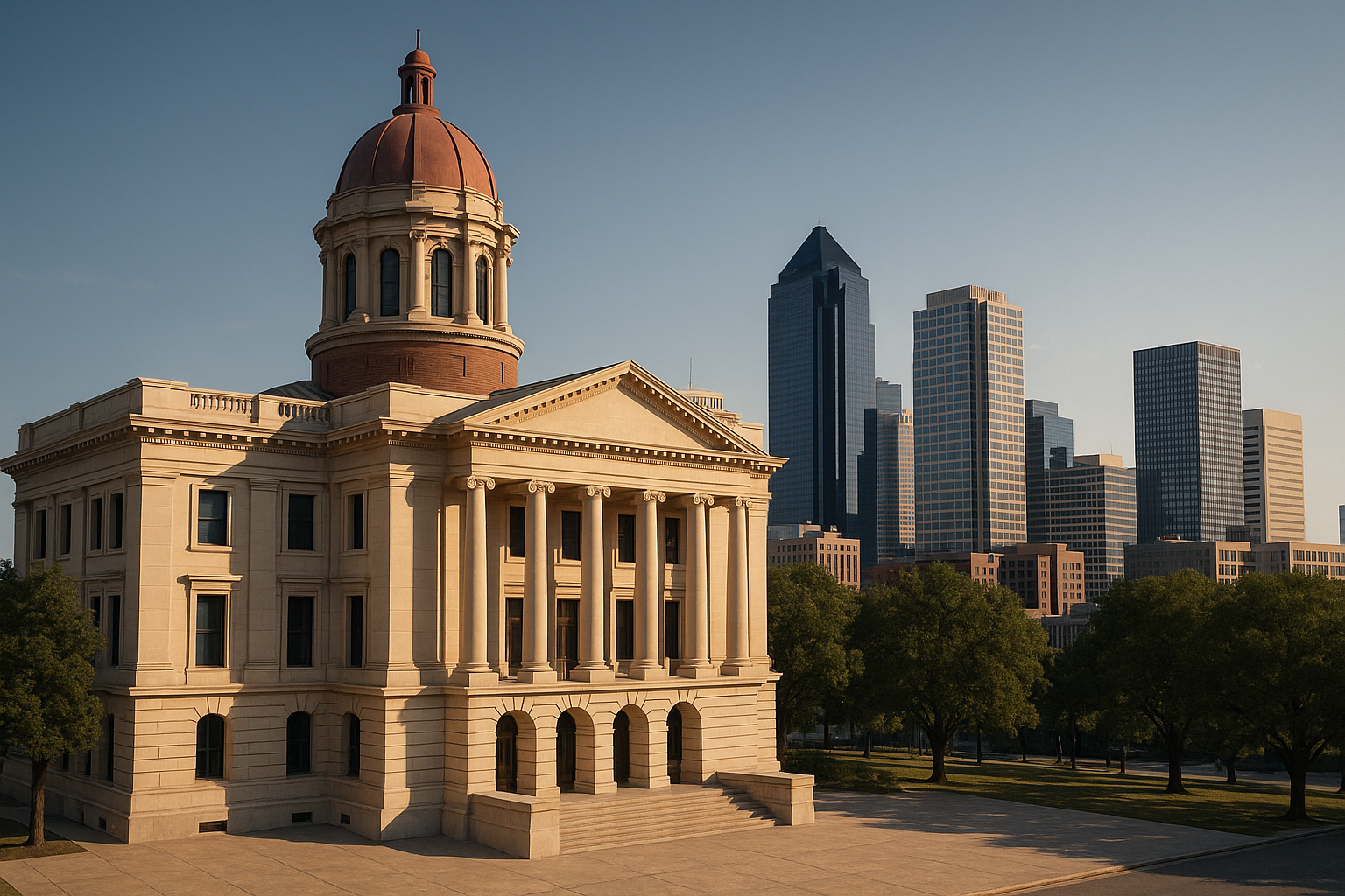 Texas courthouse and downtown skyline—client meeting with attorney