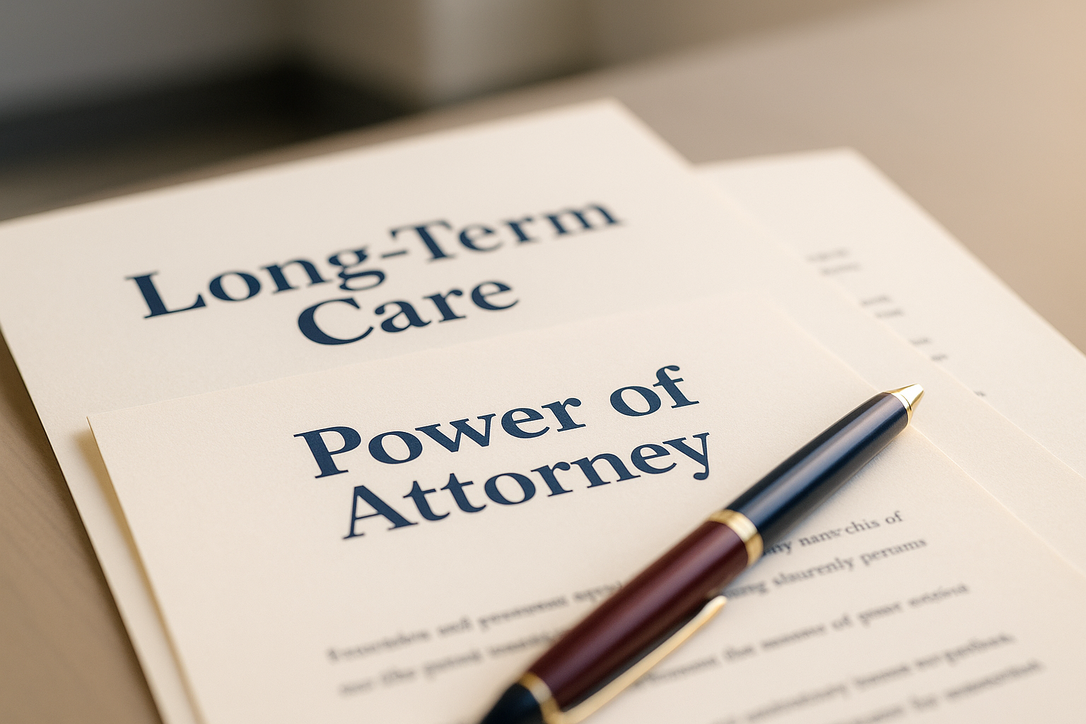 Elder law consultation with older adult and adult child reviewing long-term care and power of attorney documents