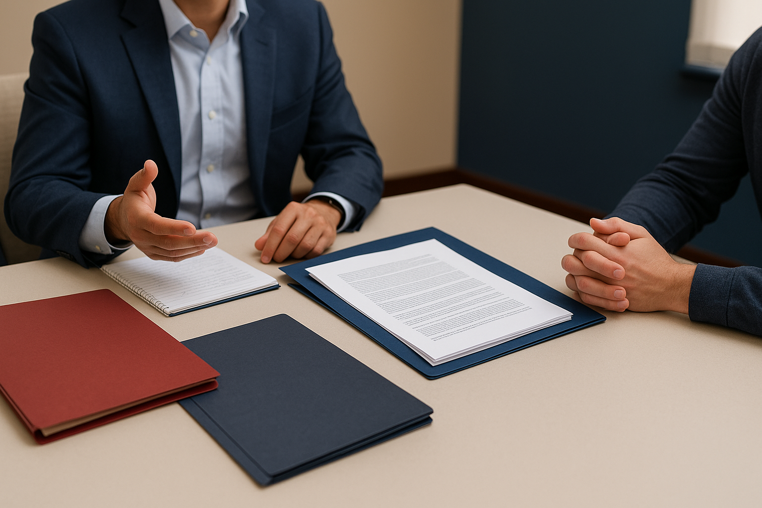 Defense attorney meeting with a client in a private conference room to discuss charges and next steps