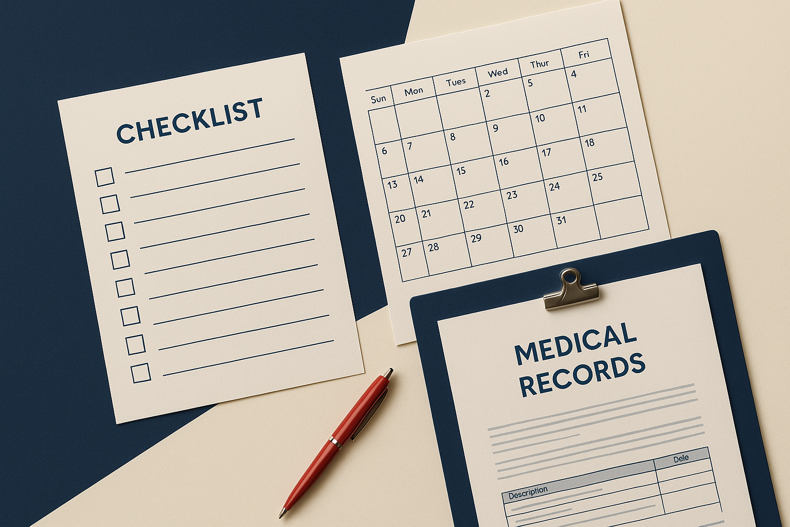 Checklist of steps in a workers' compensation claim with a calendar and medical records