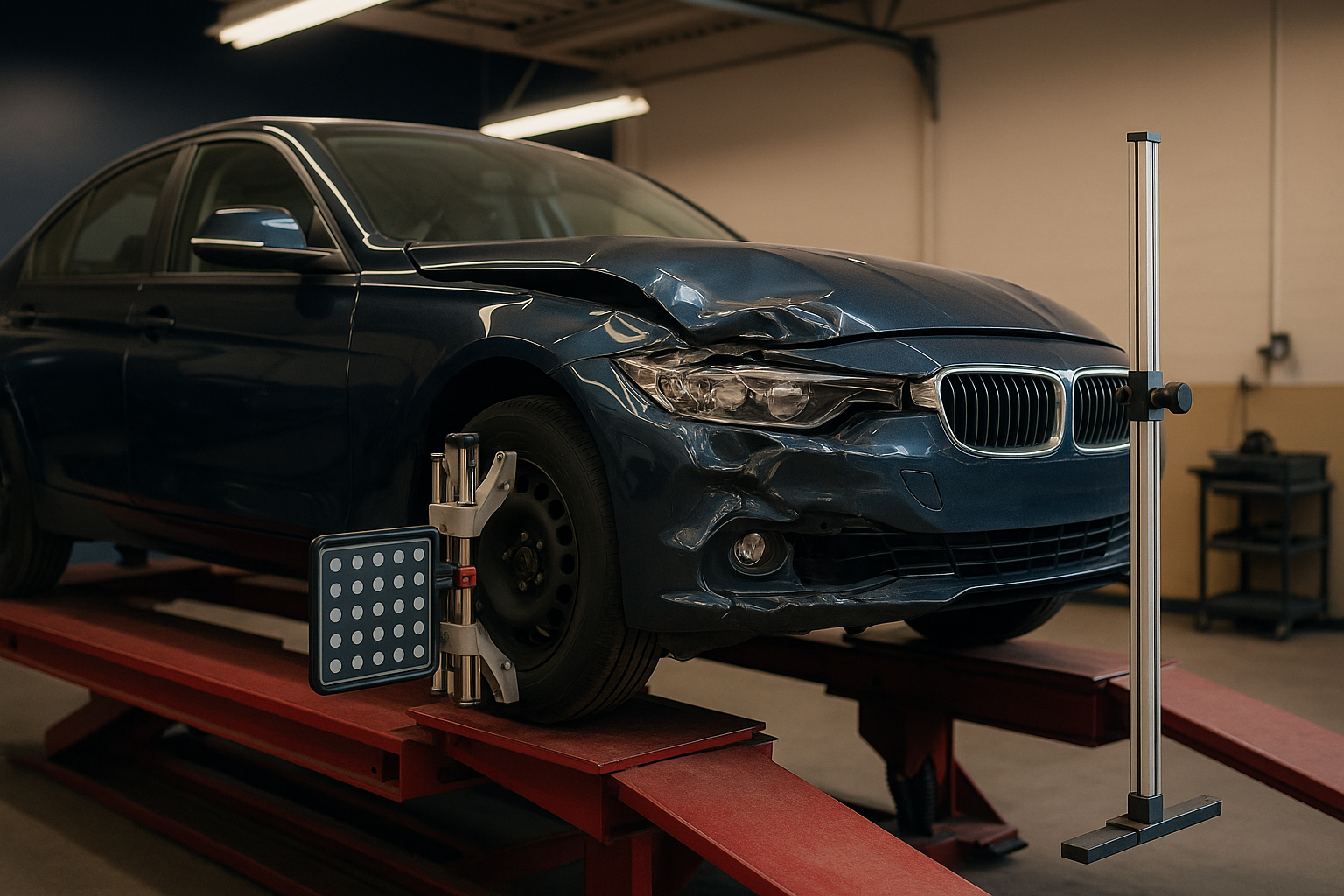 Vehicle at a body shop on a lift with technician inspecting collision damage