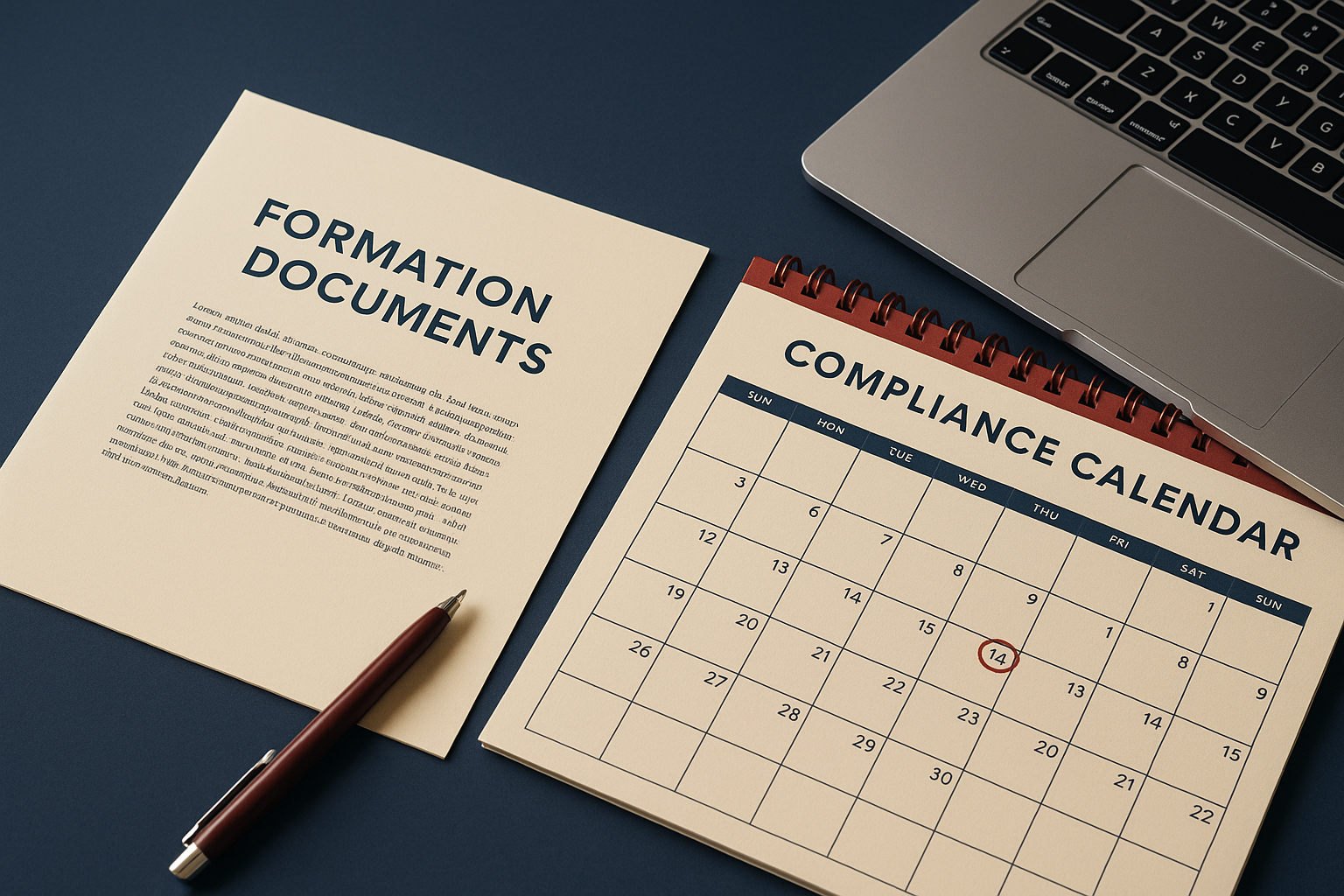 Founders signing formation documents and reviewing a compliance calendar