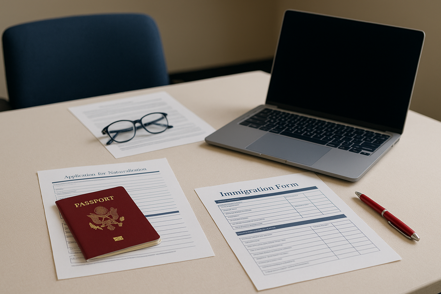 Attorney consulting with immigrant family and reviewing visa paperwork at a conference table