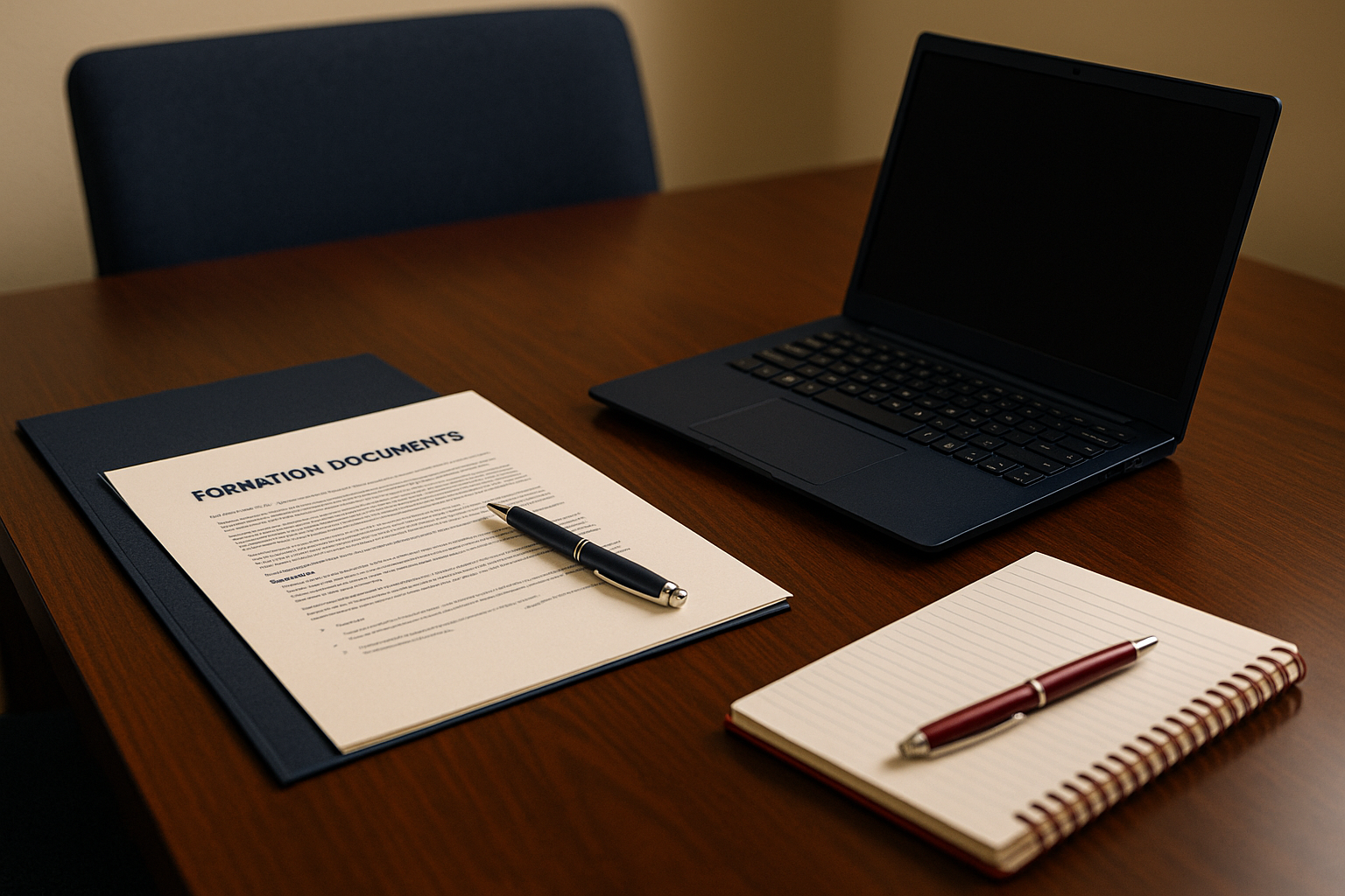 Attorney guiding founders through startup formation documents in a conference room