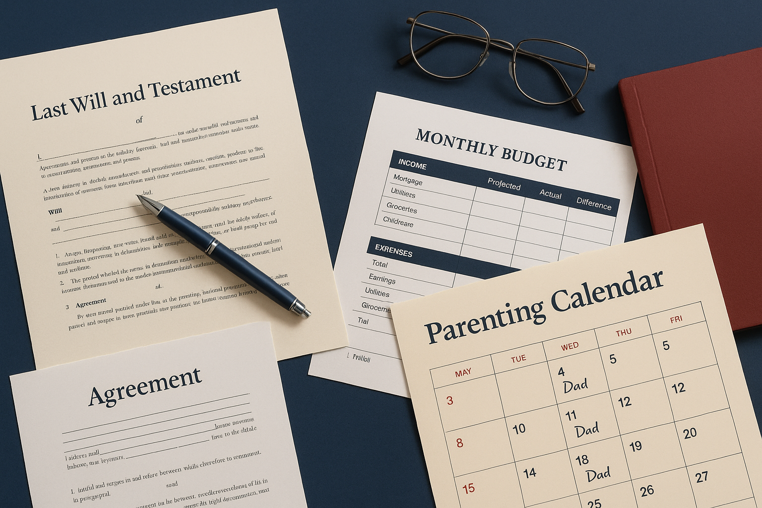 Attorney meeting with a client to review divorce options, property spreadsheets, and a parenting calendar