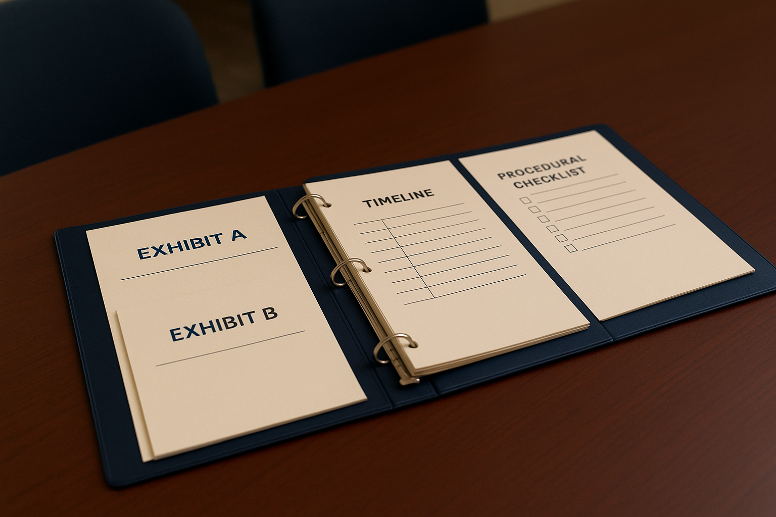 Attorney preparing an agency hearing binder with exhibits, timelines, and procedural checklist