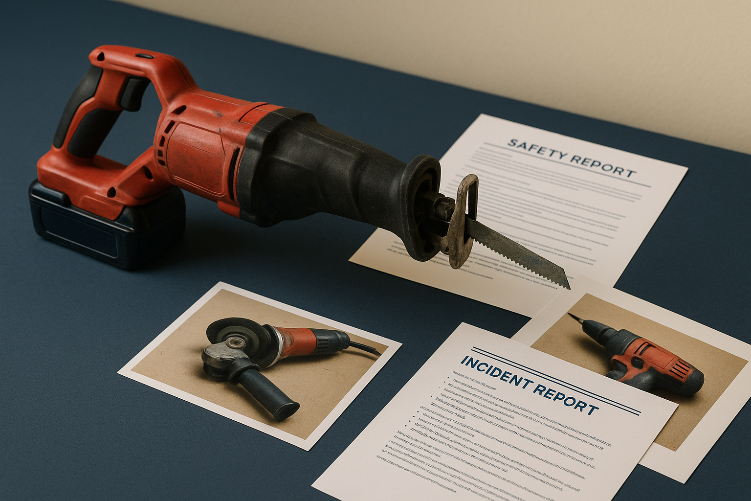 Attorney reviewing a defective tool involved in an on-the-job injury with safety reports and photos