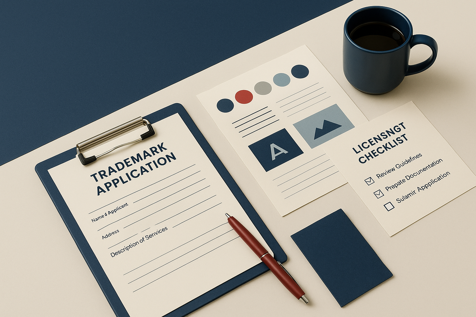 Attorney reviewing a trademark application, brand guidelines, and a licensing checklist