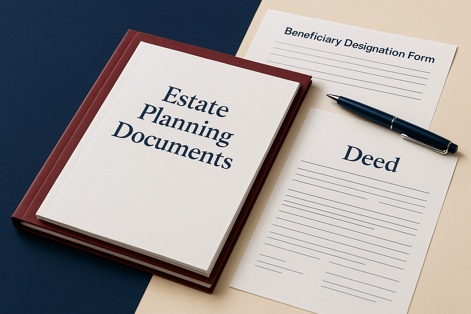 Attorney reviewing estate planning documents, deed, and beneficiary designations with client