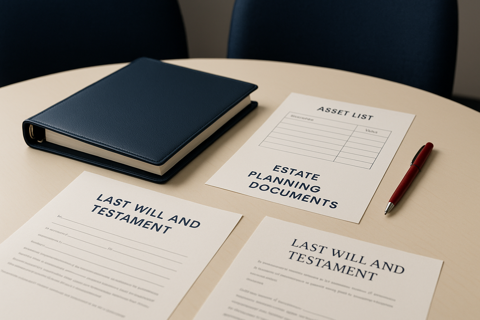 Attorney meeting with family to design a will and trust, reviewing binder and asset list