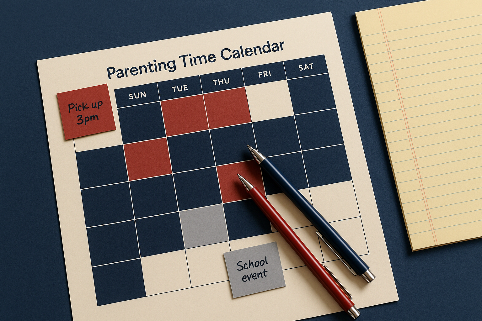 Parents reviewing a parenting-time calendar with an attorney