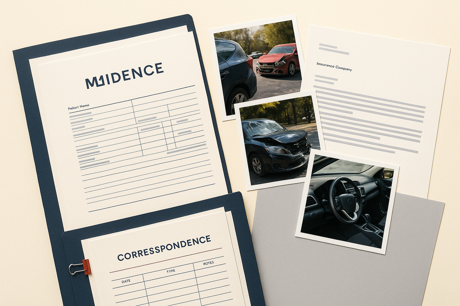 Evidence file with medical records, accident photos, and insurance correspondence organized for demand