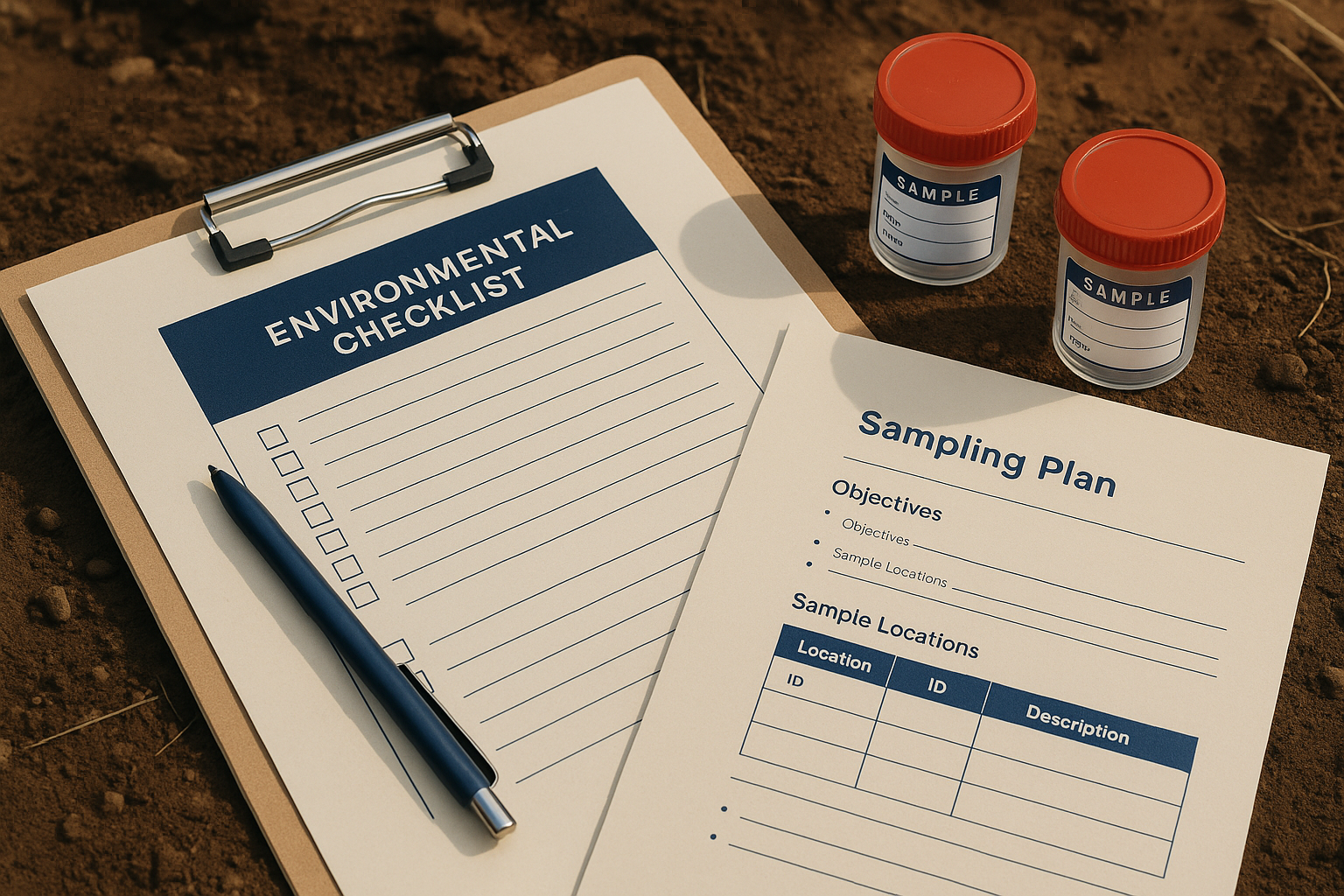 Field inspection with environmental checklist, sampling plan, and stakeholder engagement notes