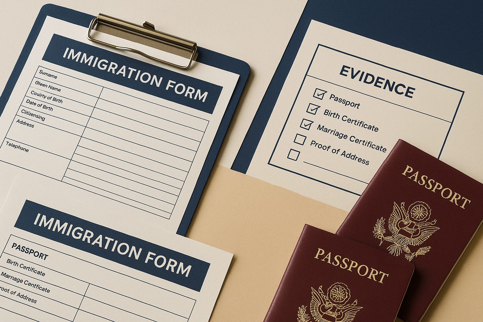 Close-up of attorney organizing immigration forms, passports, and evidence checklists