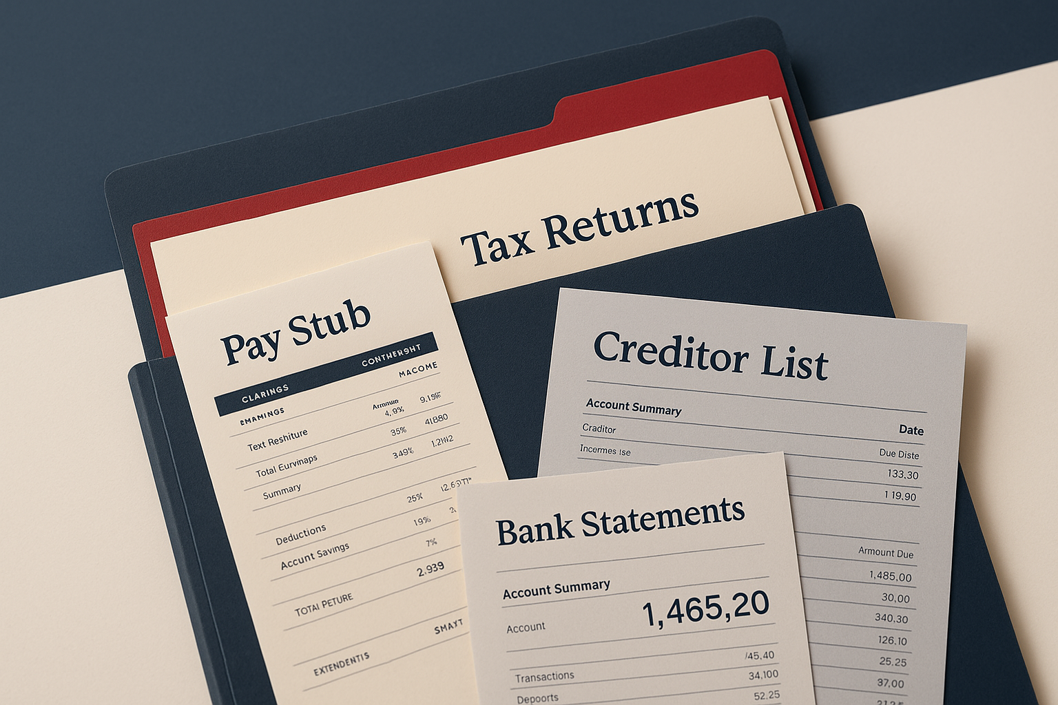 Organized folder with pay stubs, tax returns, creditor list, and bank statements for bankruptcy filing