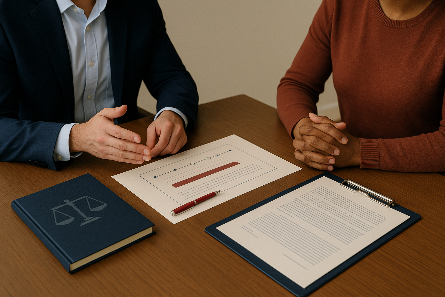 Attorney meeting with a client to outline next steps and timeline