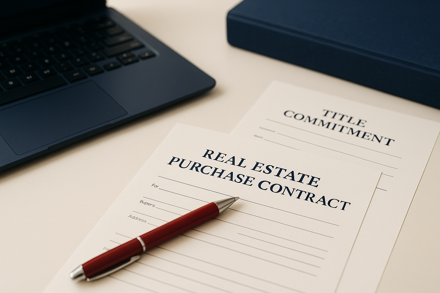 Attorney reviewing a real estate purchase contract and title commitment with a client before closing