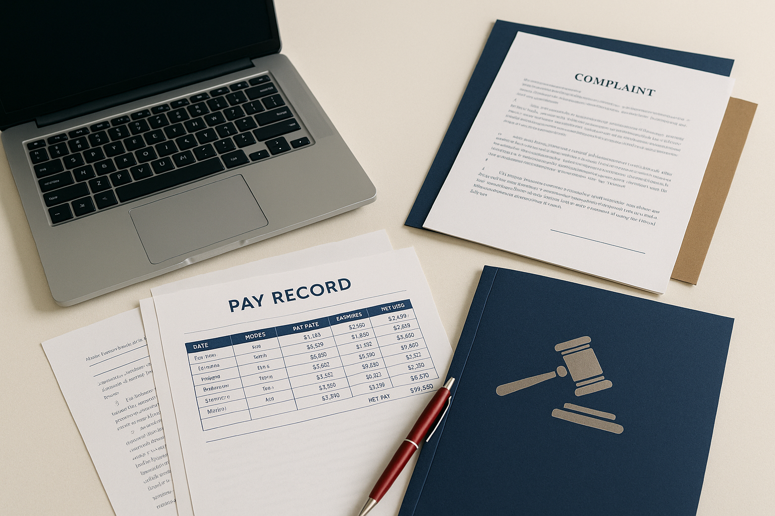 Attorney discussing workplace rights with an employee, reviewing emails and pay records