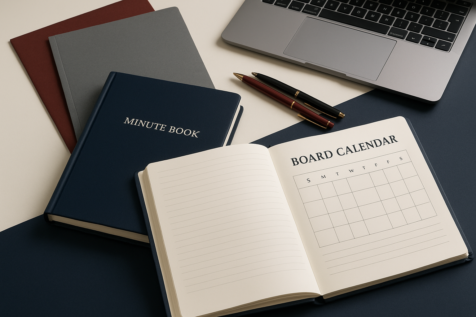 Corporate secretary preparing a minute book and board calendar