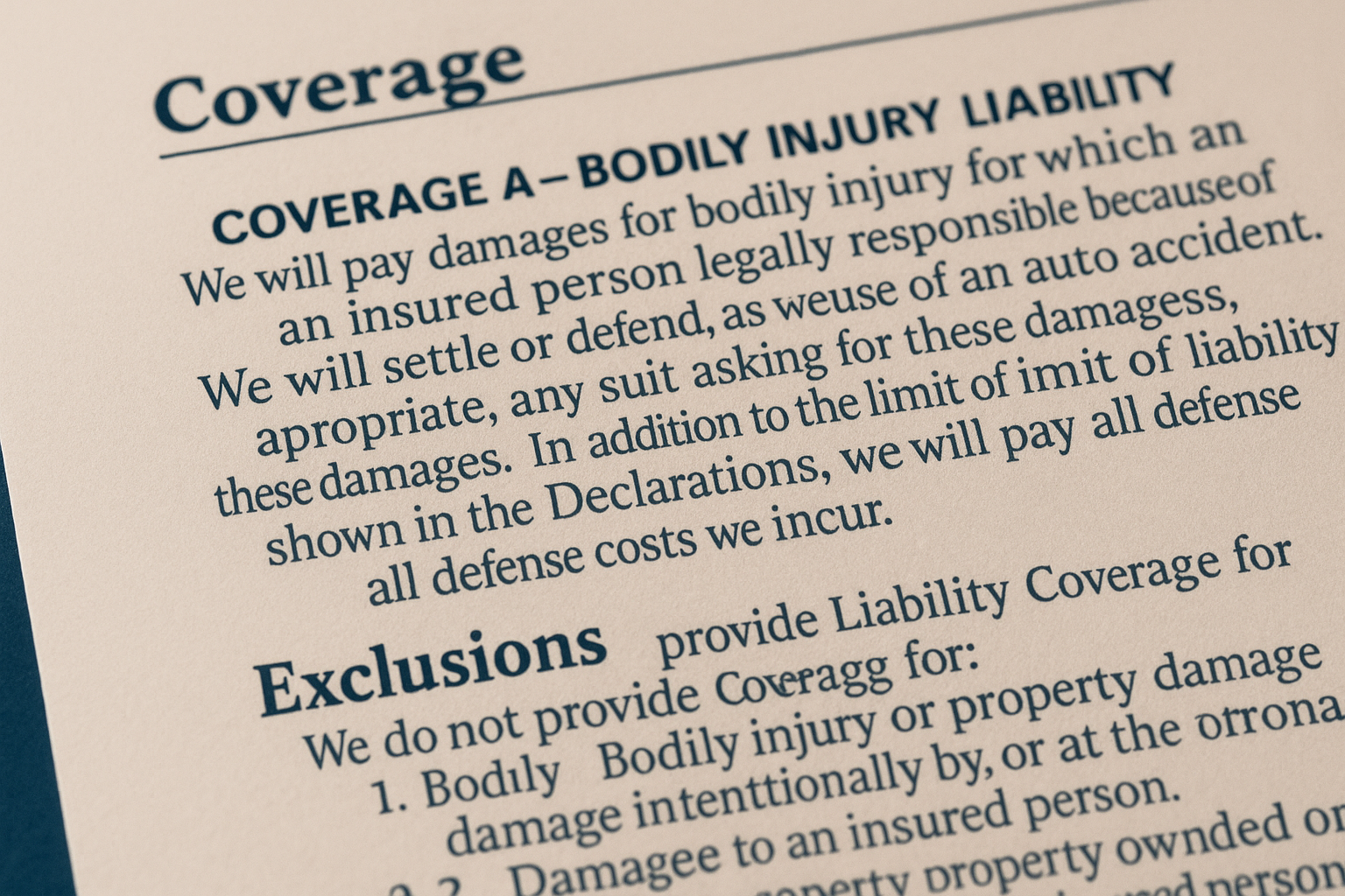 Close-up of highlighted insurance policy showing coverage parts and exclusions