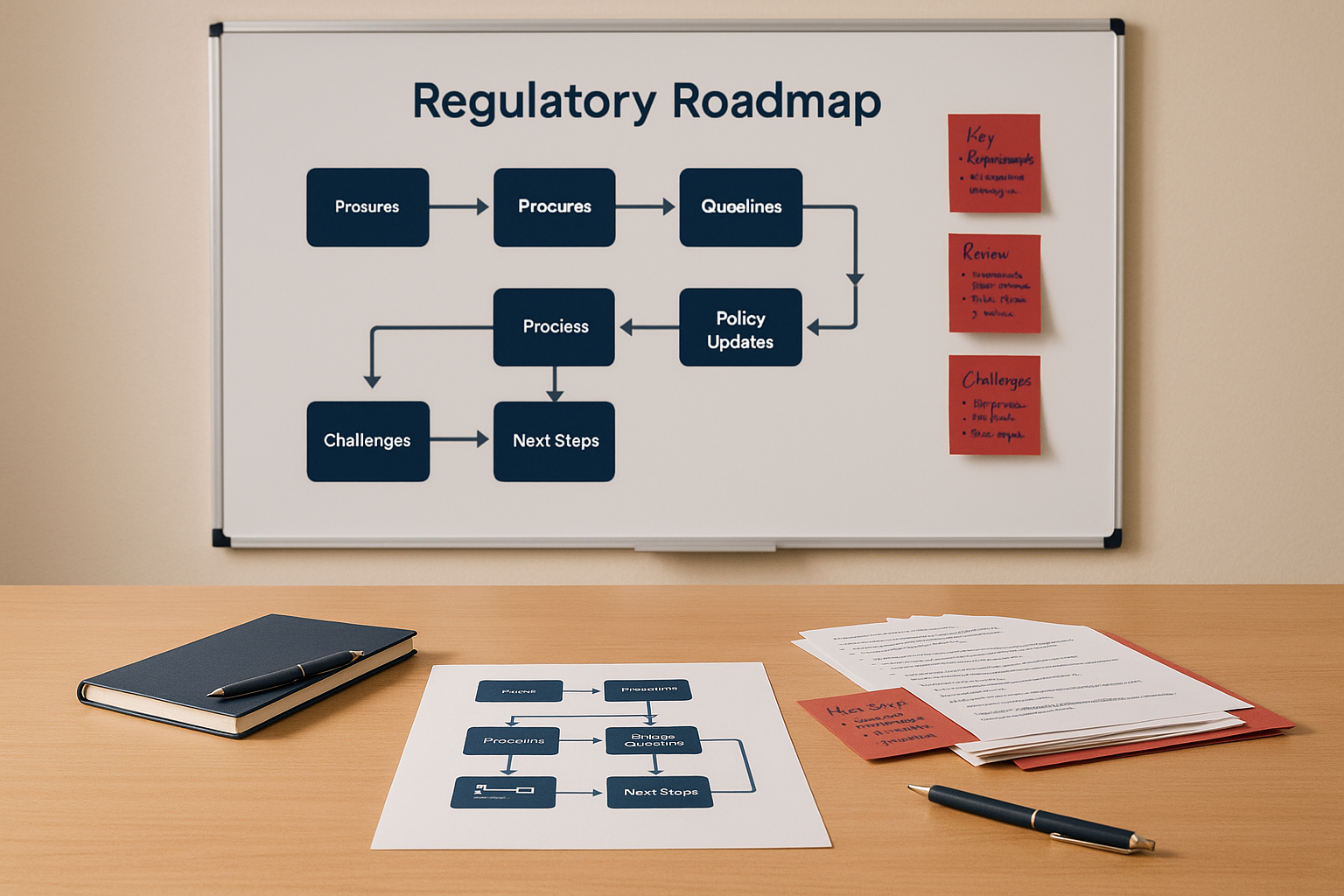Attorney leading a compliance workshop with a business leadership team reviewing a regulatory roadmap