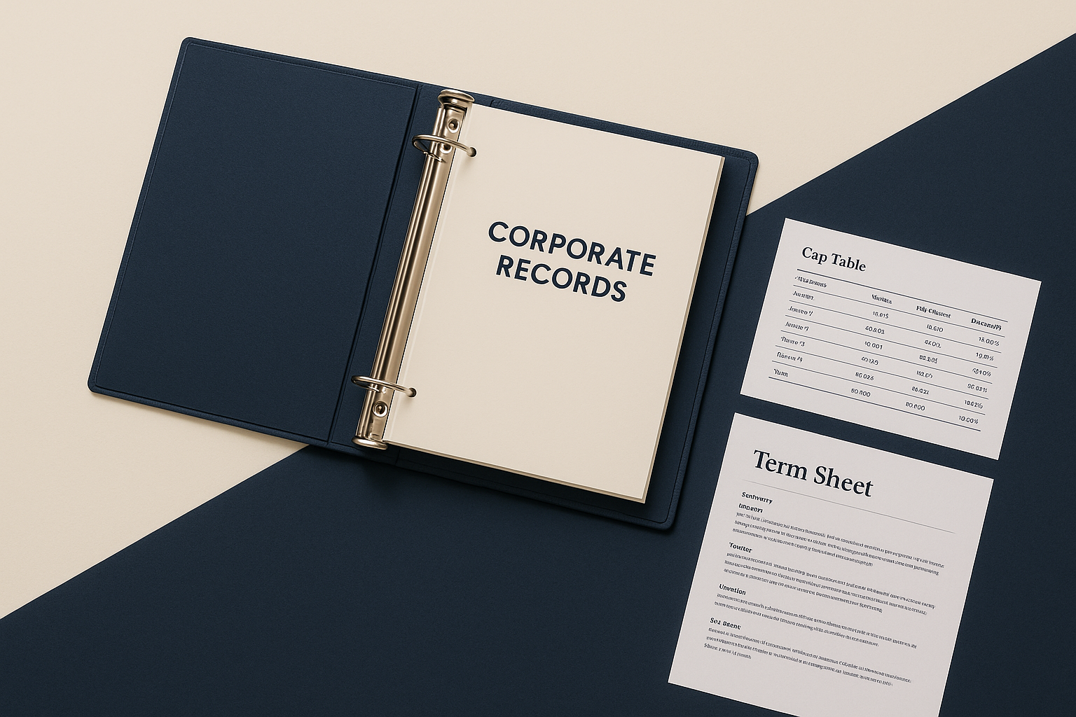 Neatly organized corporate records binder with minutes, cap table printout, and term sheet