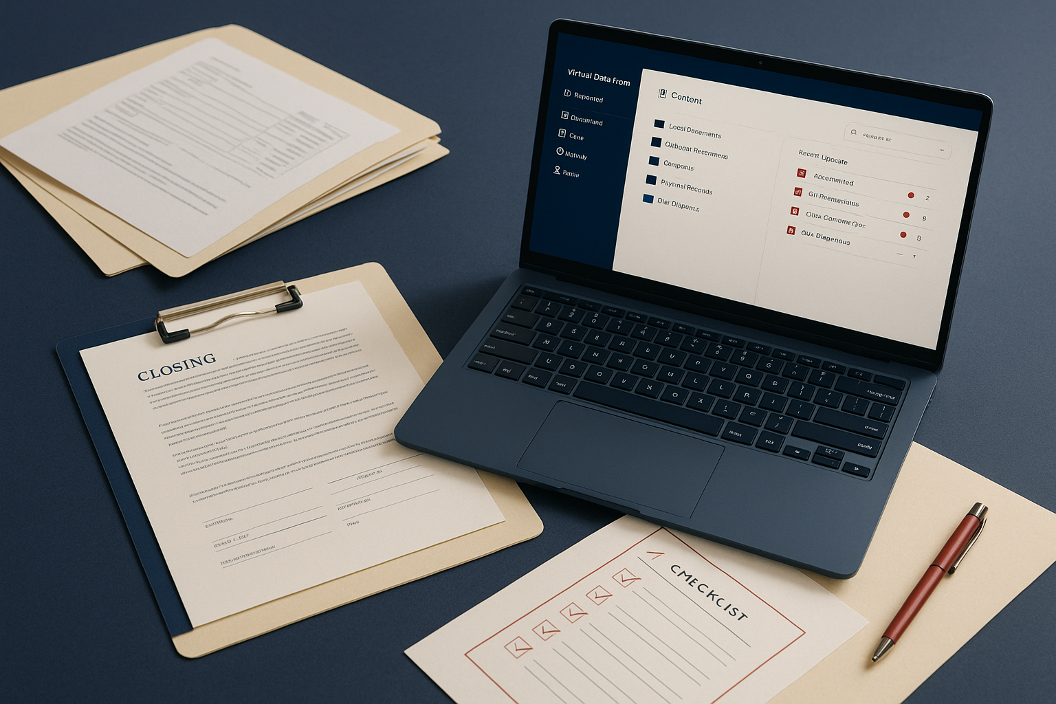 Closing documents, checklists, and laptop showing virtual data room for M&A