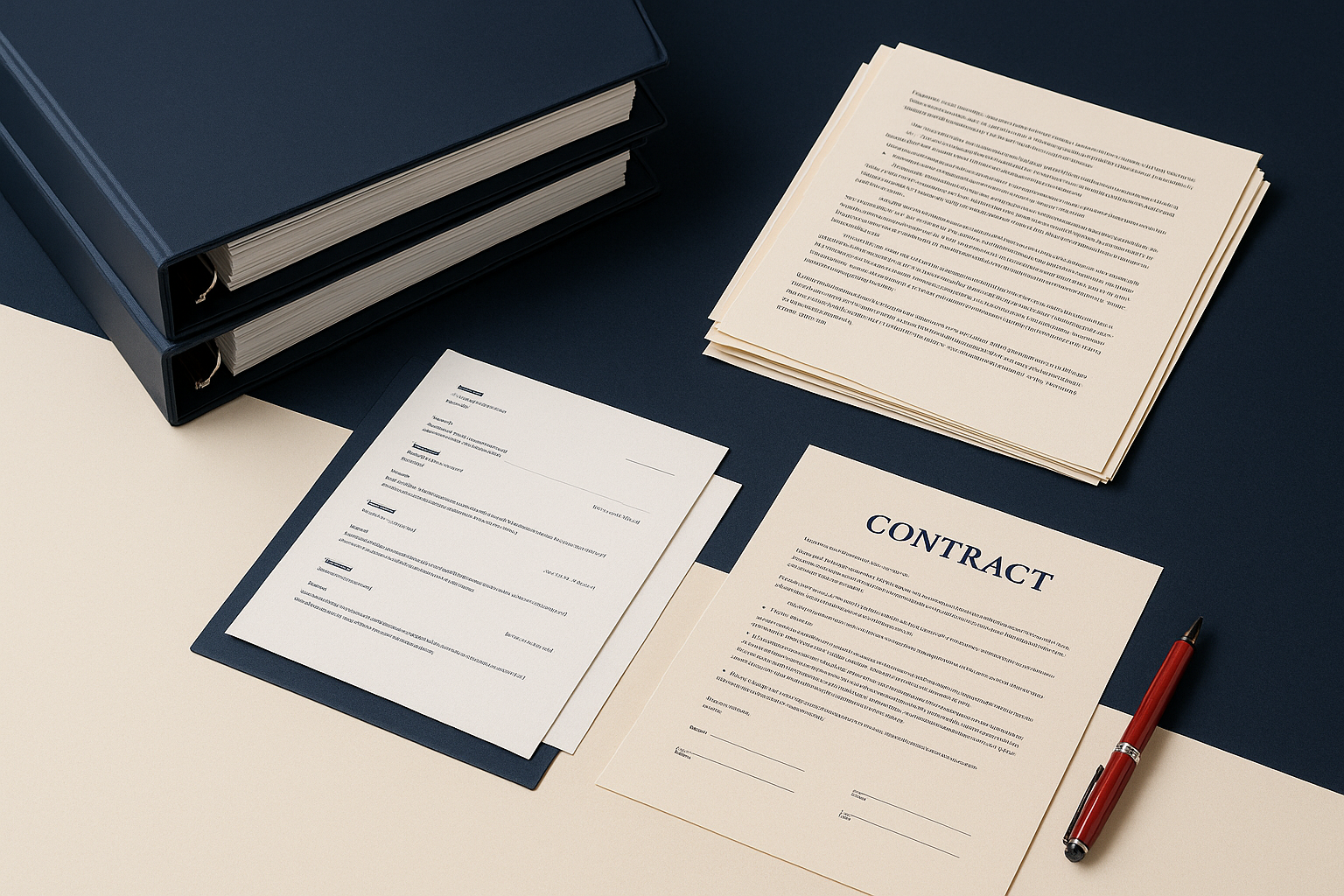 Exhibit binders, emails, and contracts organized for discovery