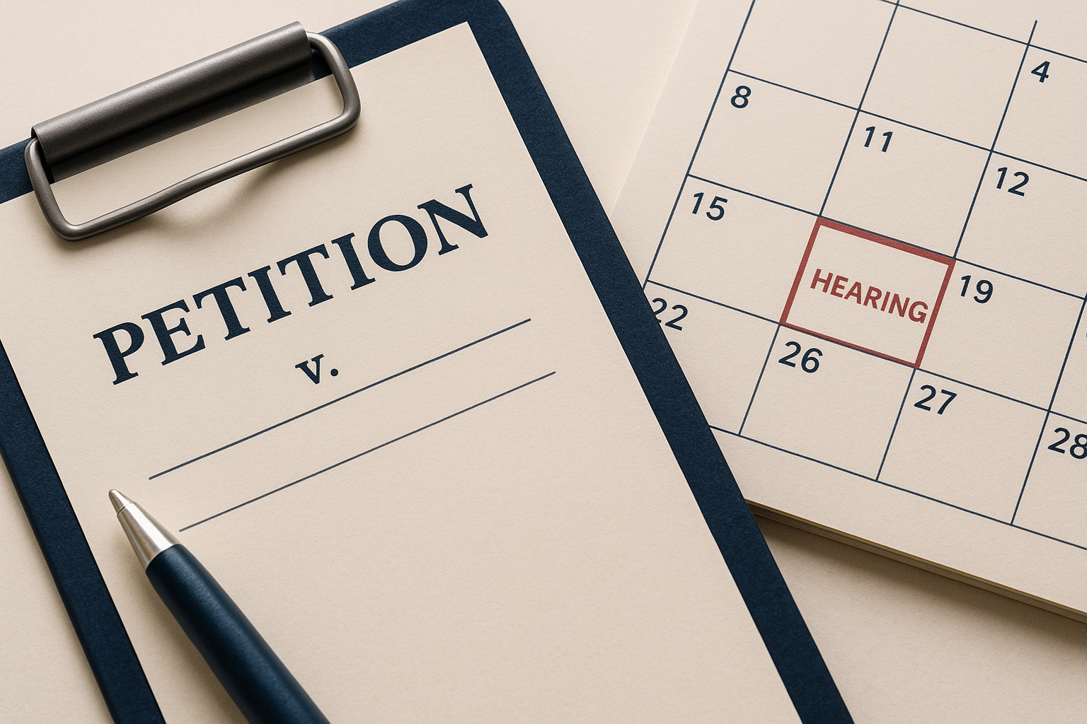 Court documents and calendar showing guardianship petition timeline and hearing date