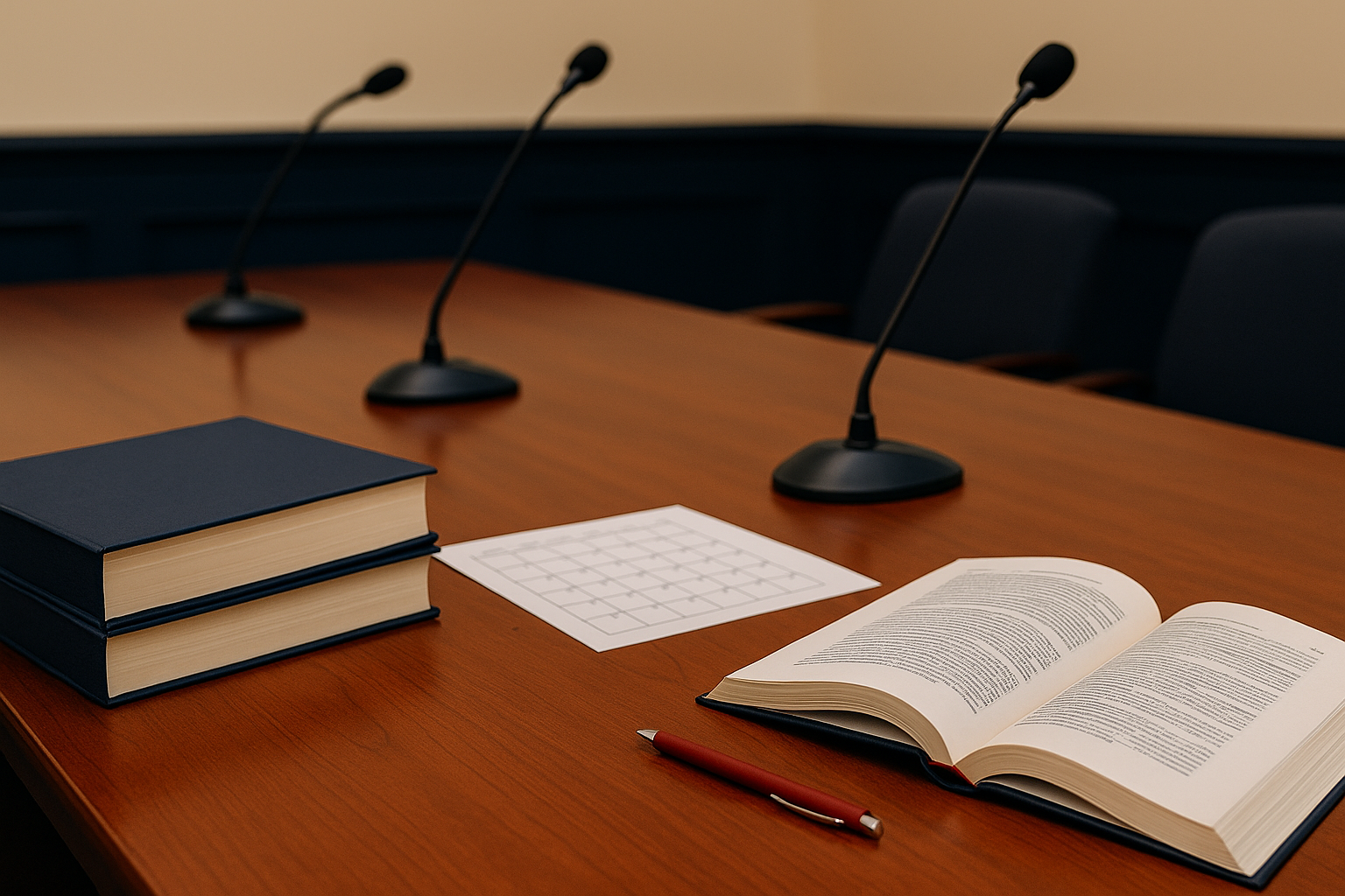 Hearing room with legal briefs and a calendar of appeal deadlines on the table