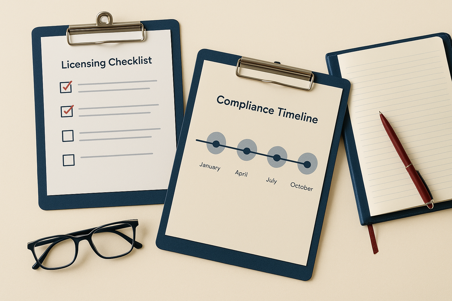 Regulatory attorney reviewing a licensing checklist and compliance timeline with a business owner