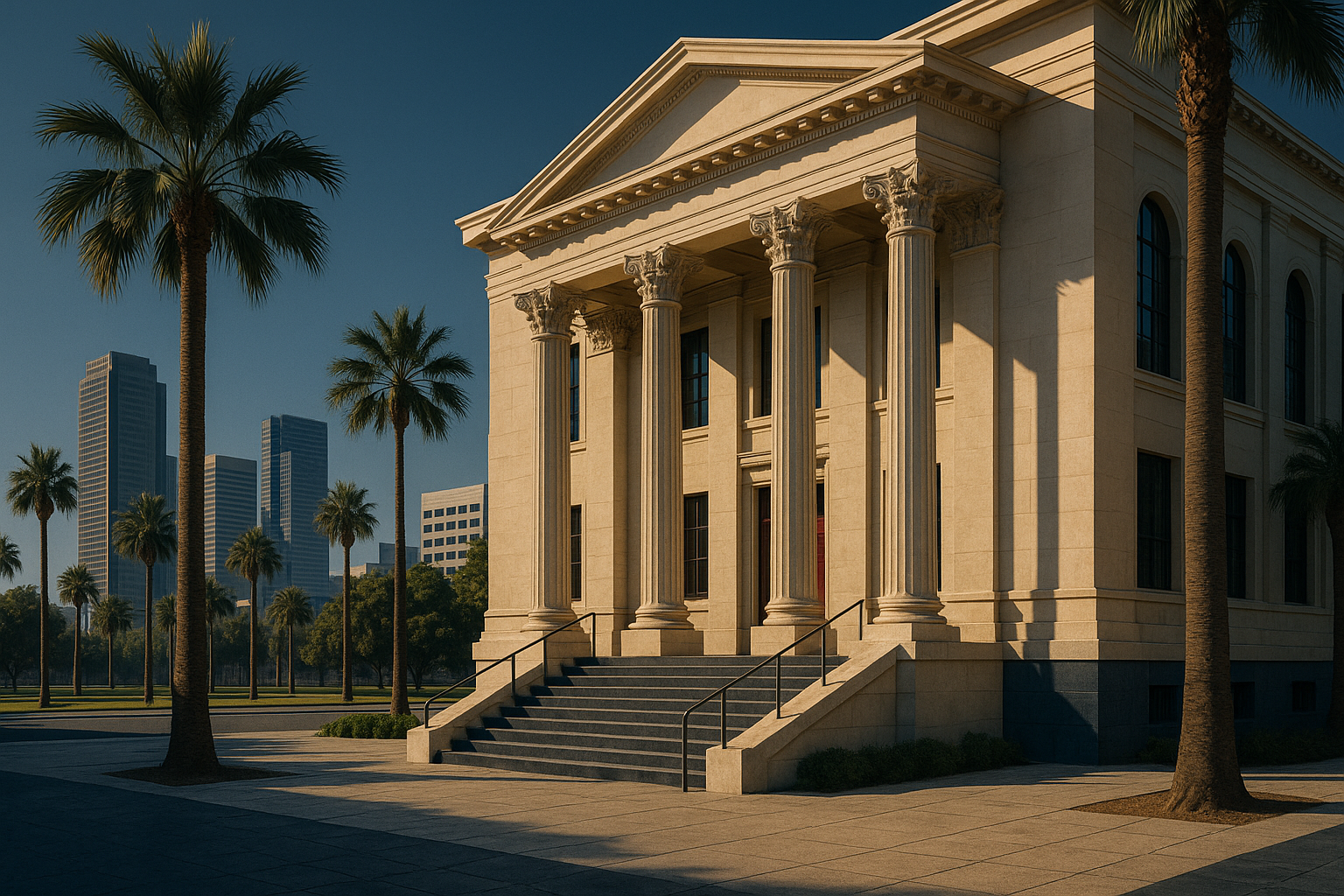 California courthouse with palm trees and skyline—client meeting with attorney