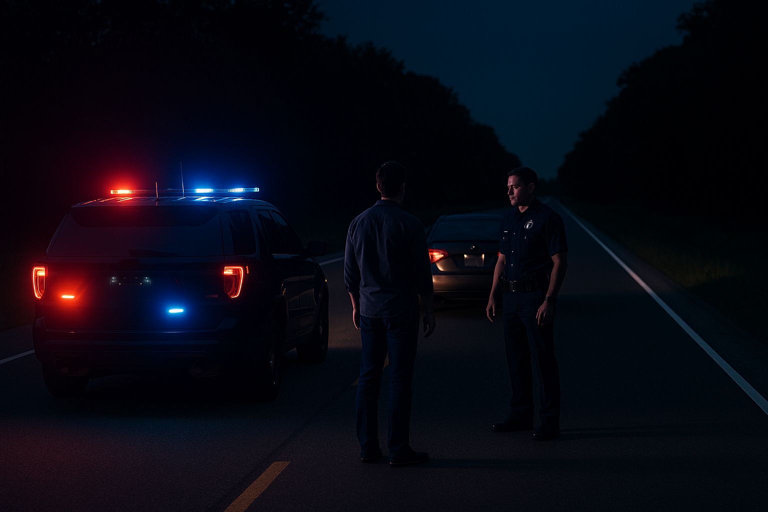 Traffic stop at night with officer and driver; field sobriety test context
