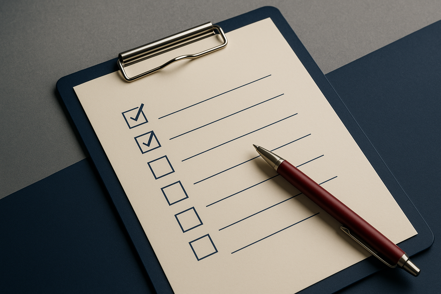 Printed legal checklist and pen on desk