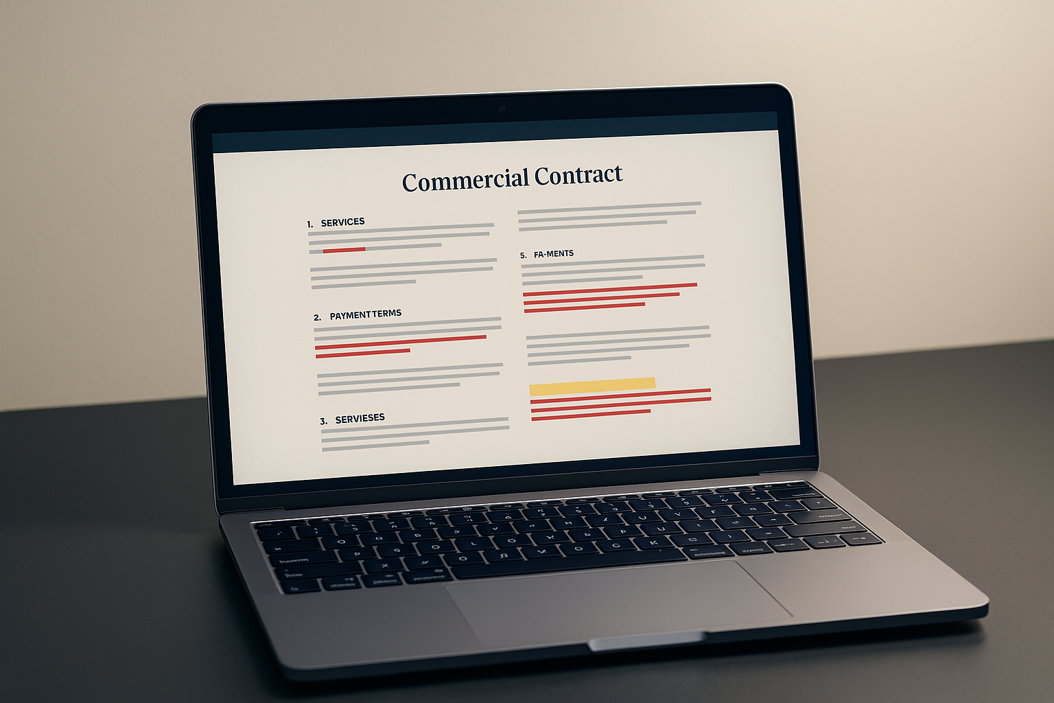 Attorney reviewing a commercial contract with a business owner, redlining clauses on a laptop