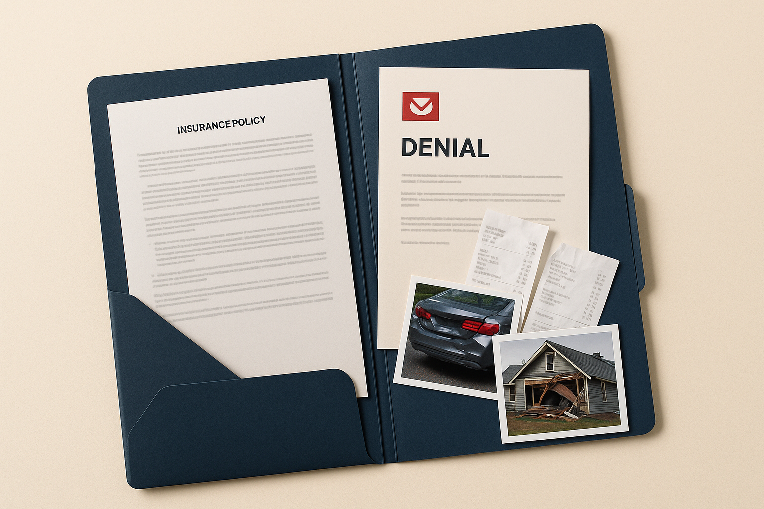 Folder with insurance policy, denial letter, receipts, and photos of property damage
