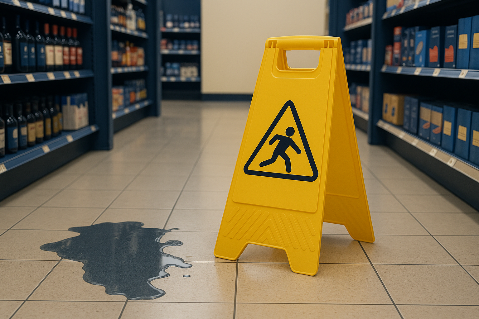 Wet floor caution sign near a spill in a grocery store aisle