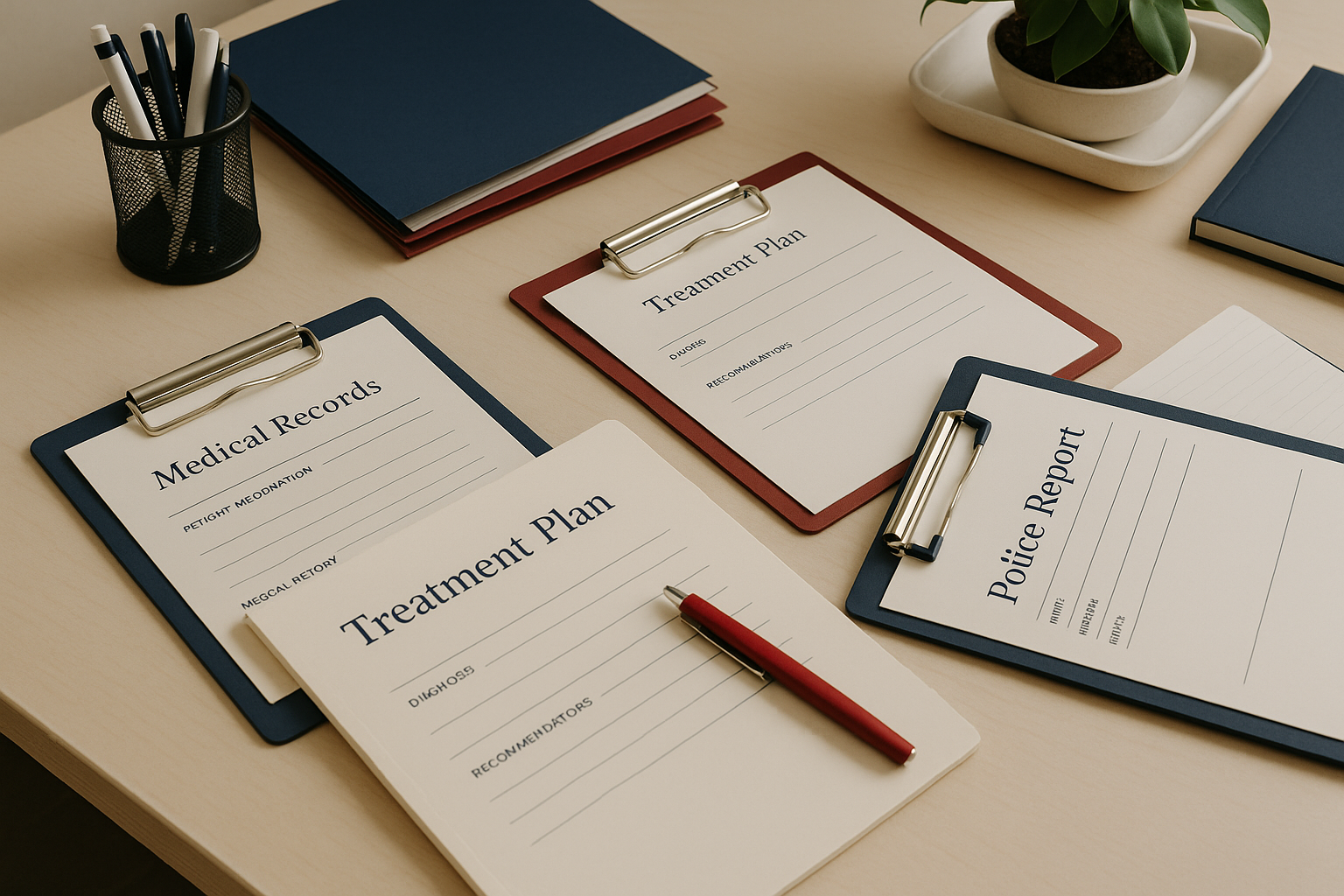 Attorney coordinating treatment with a clinic while reviewing police report and photos