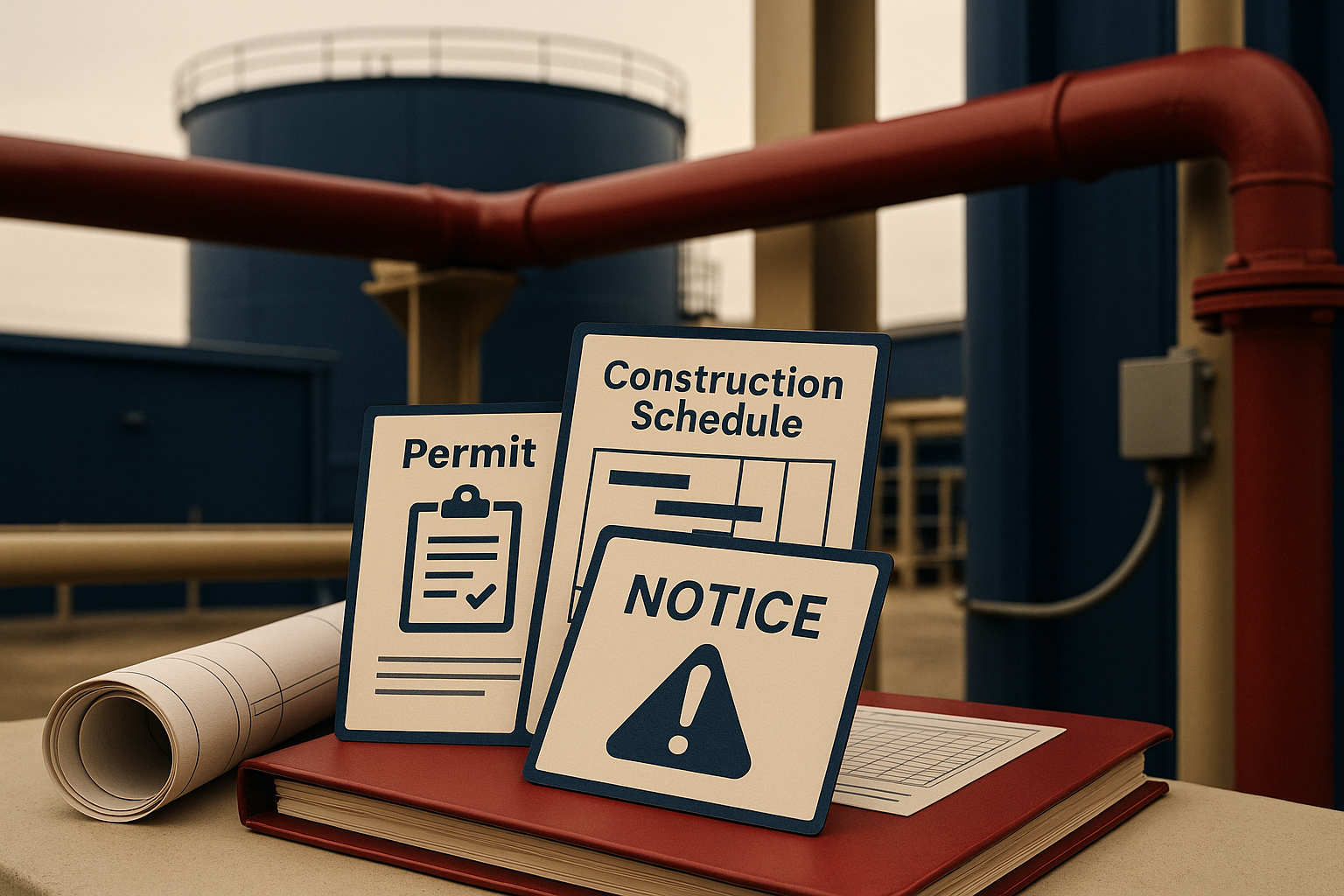 Environmental attorney reviewing permits and regulatory timelines with operations team at an industrial site