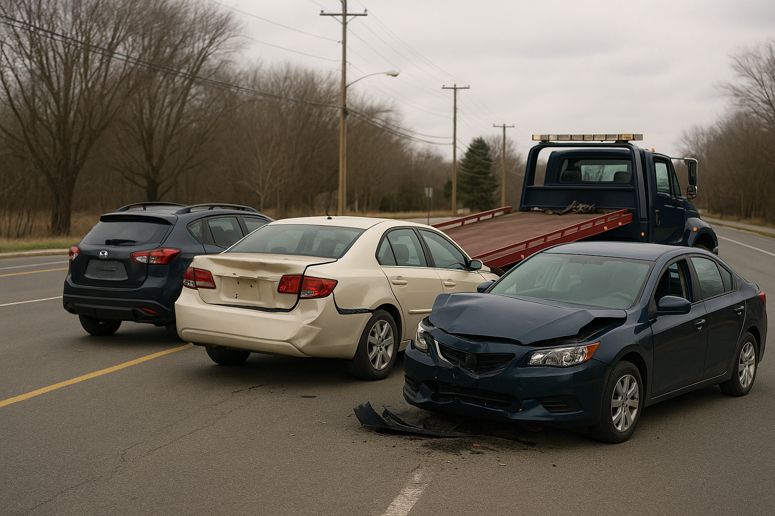Accident scene with damaged vehicles; injured driver being assisted by paramedics and a tow truck on site
