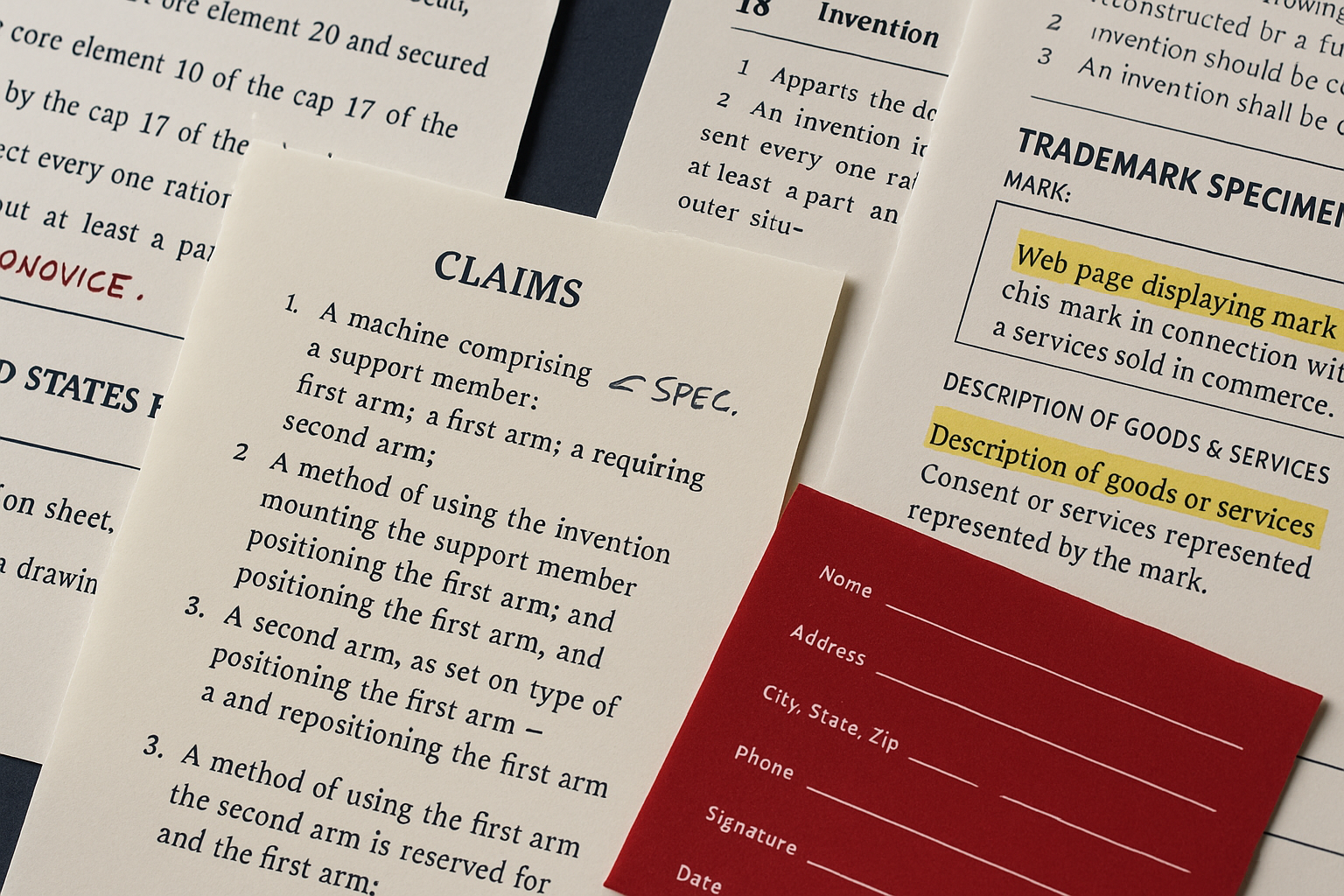 Close-up of patent claims and trademark specimens being reviewed with notes