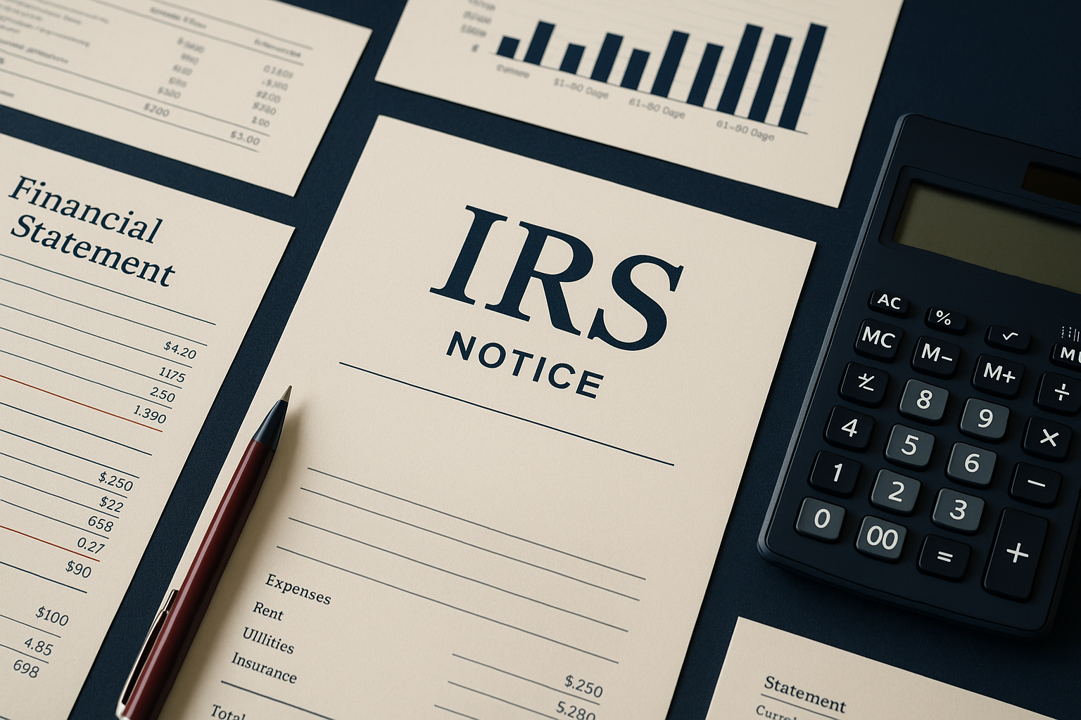 Tax attorney reviewing IRS notice and financial statements with a client