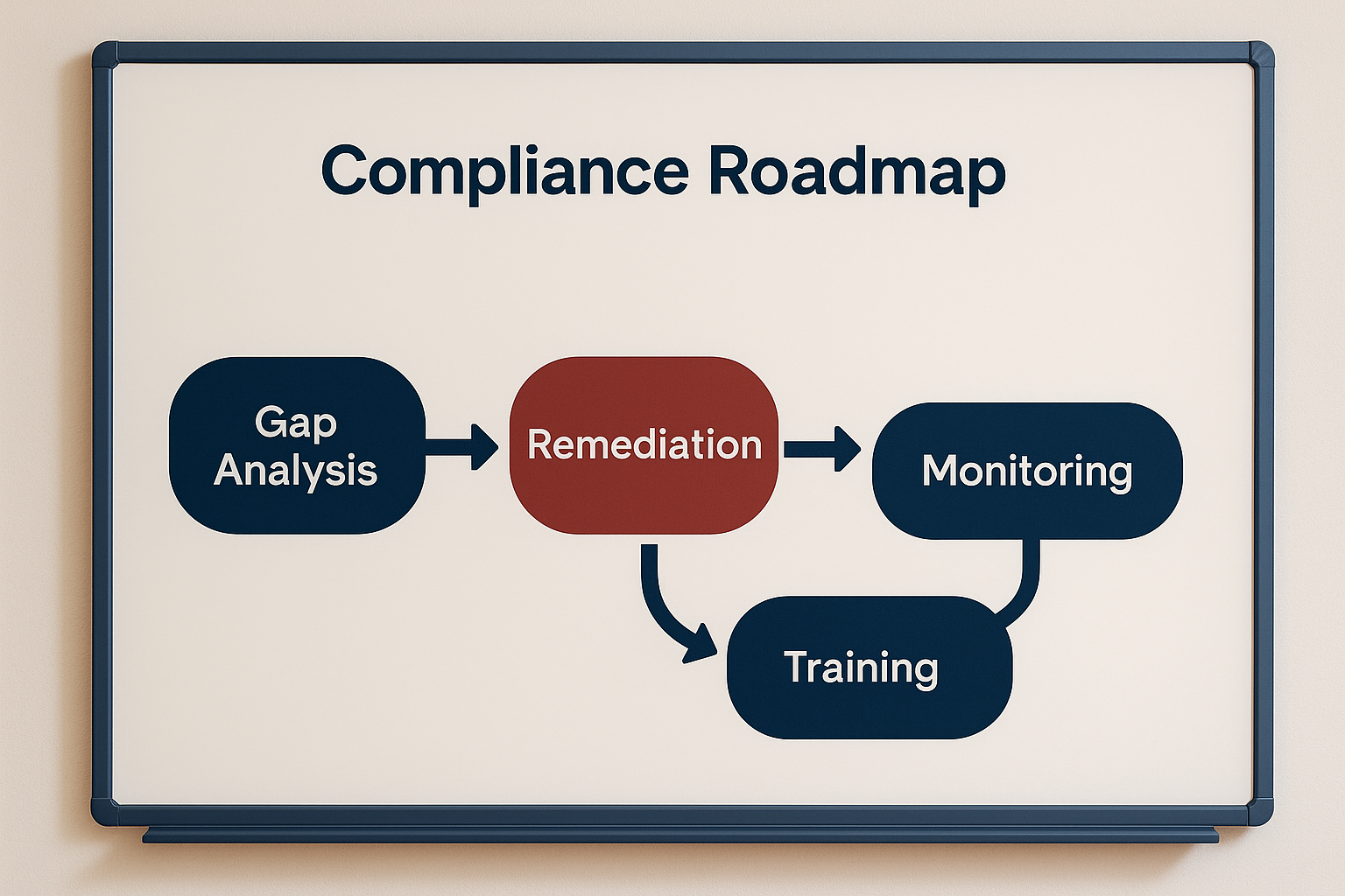 Compliance roadmap on a whiteboard showing gap analysis, remediation, training, and monitoring phases